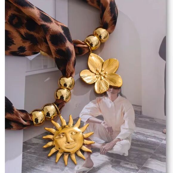 Leopard Print Scarf Necklace with Gold Sun Pendant – Bold, Glamorous & Unique - Picture 6 of 13